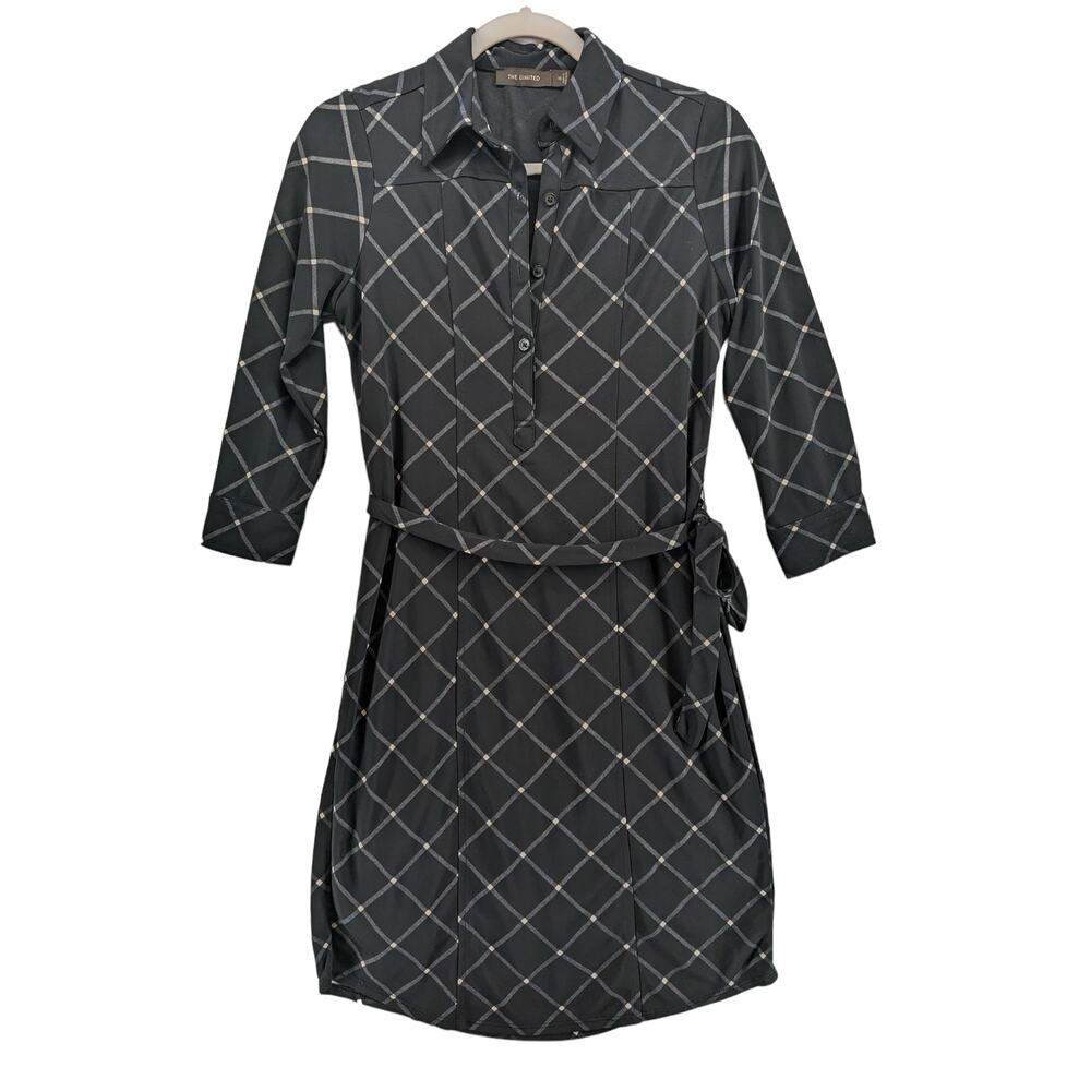 The Limited Belted Window Pane Dress XS Black White Knee Length Belt Check Lined